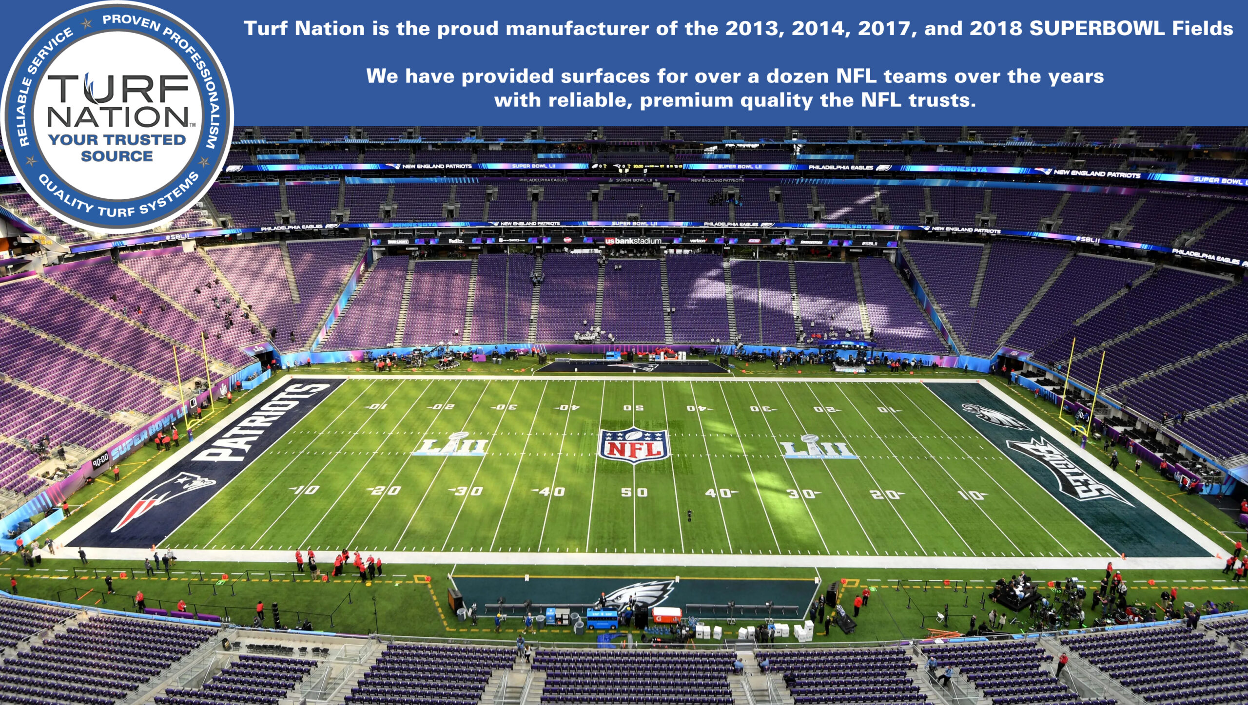 Turf Nation's 2018 Super bowl Field for the New England Patriots. Turf Nation proudly manufactured the 2013, 2014, 2017, and 2018 Super Bowl Fields.